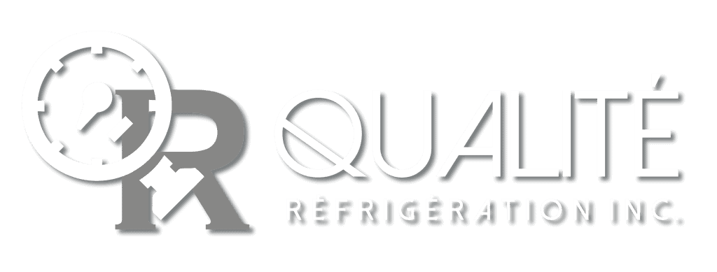 Logo de Qualité Réfrigération Inc. avec un cadran de contrôle et une lettre R stylisée