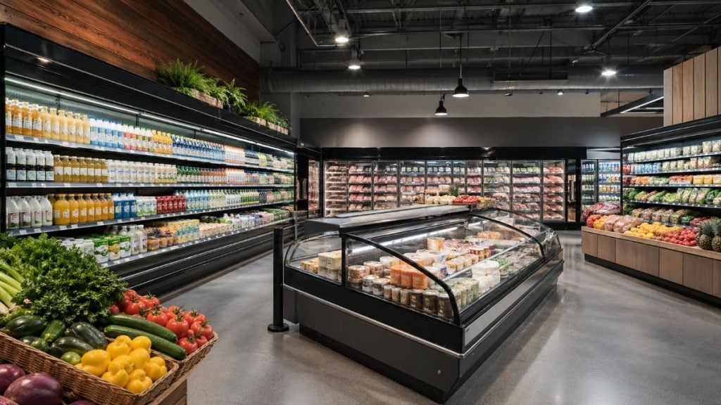 Intérieur moderne d'une épicerie bien éclairée avec des fruits frais, légumes, produits laitiers et viandes en libre-service