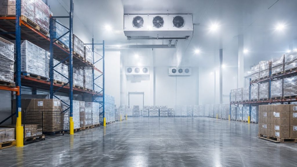 Entrepôt frigorifique avec étagères métalliques remplies de palettes de cartons, sol en béton lustré et système de réfrigération au plafond