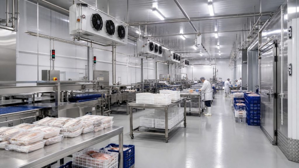 Salle de production alimentaire hygiénique avec travailleurs en vêtements blancs et équipements en acier inoxydable