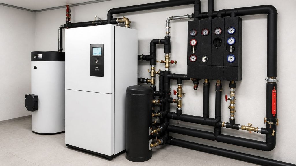 Système moderne de chaudière et réservoir d'eau avec tuyaux isolés et manomètres dans une salle technique propre