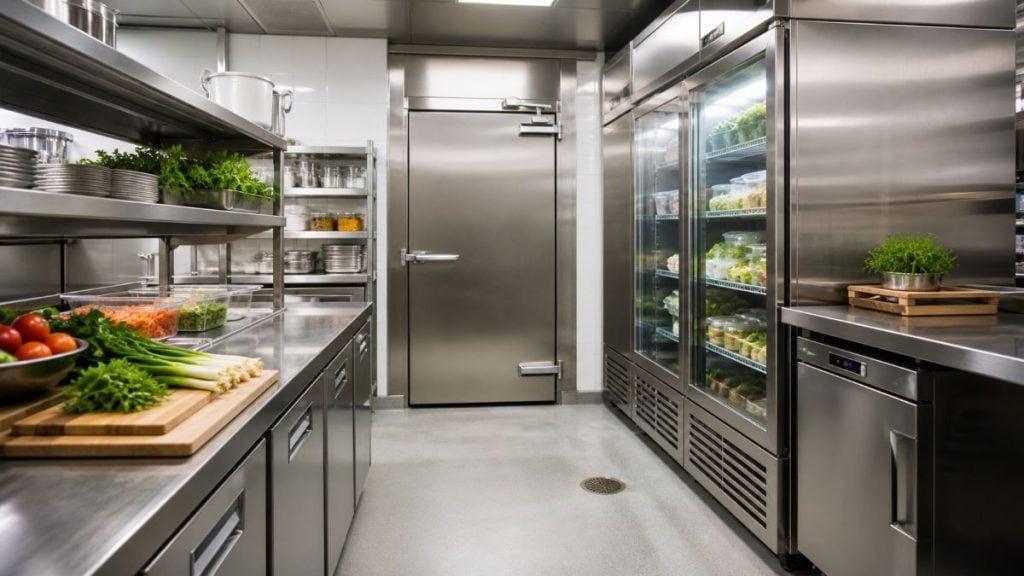 Cuisine commerciale propre avec comptoirs en acier inoxydable, légumes frais, et réfrigérateurs industriels