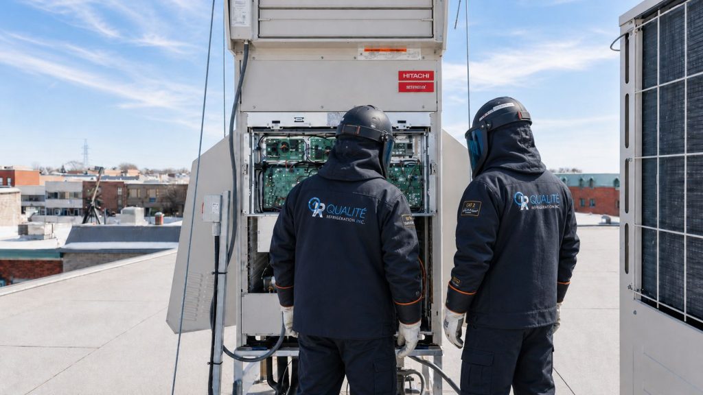 Techniciens en vêtement de protection effectuant la maintenance d'un système de réfrigération Hitachi sur un toit en milieu urbain