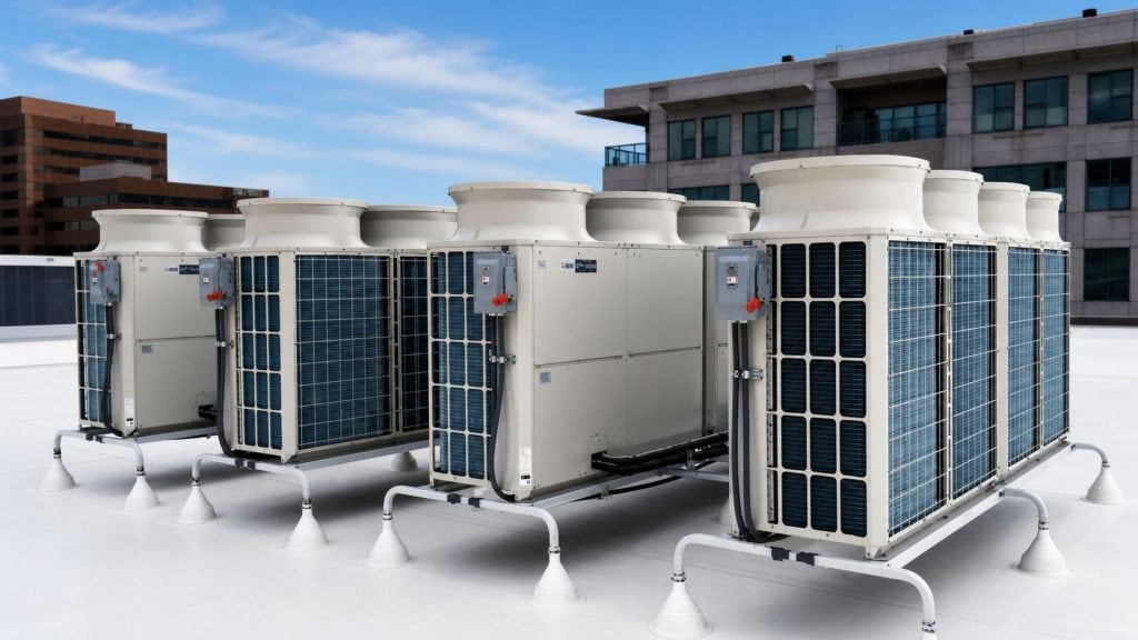 Unité de climatisation commerciale installée sur un toit avec des bâtiments en arrière-plan sous un ciel bleu clair