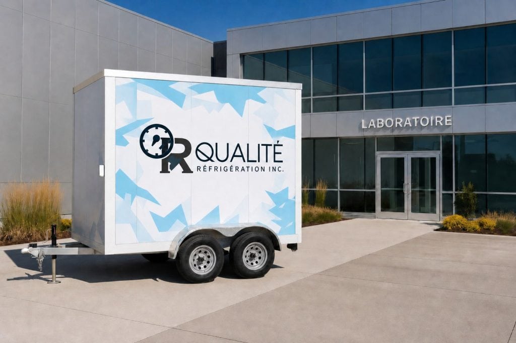 Remorque de réfrigération mobile de Qualité Réfrigération Inc. stationnée devant un bâtiment moderne marqué Laboratoire