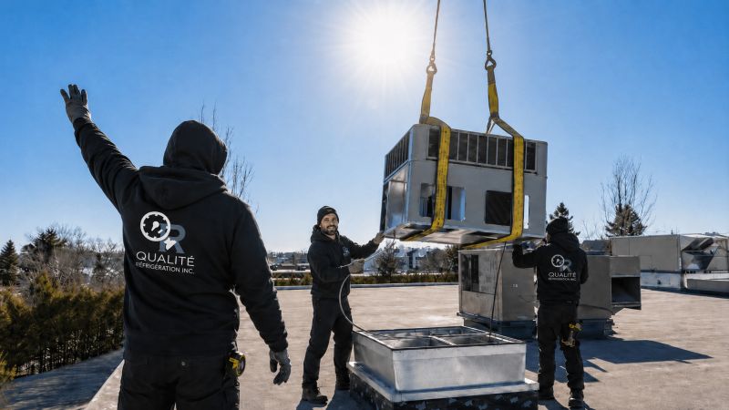 Techniciens de Qualité Réfrigération installant une unité de climatisation sur un toit commercial avec une grue.