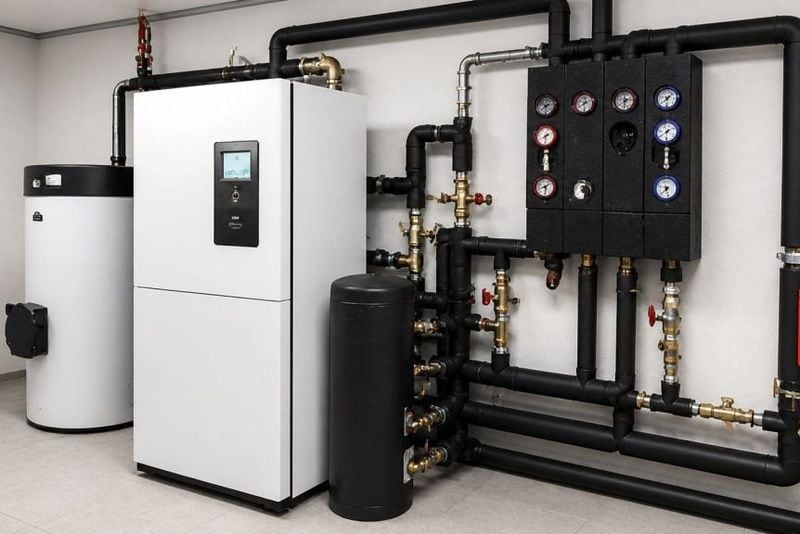 Installation moderne de chaudière à haute efficacité avec réservoir d'eau chaude et système de tuyauterie isolée