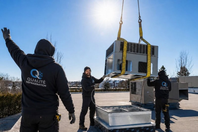 Trois techniciens en vêtements de travail de Qualité Réfrigération installant un gros équipement de climatisation sur un toit par une journée ensoleillée