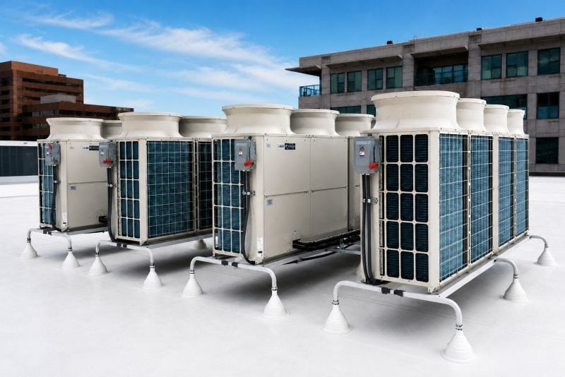 Unités de climatisation commerciales installées sur le toit d'un bâtiment sous un ciel bleu avec quelques nuages.